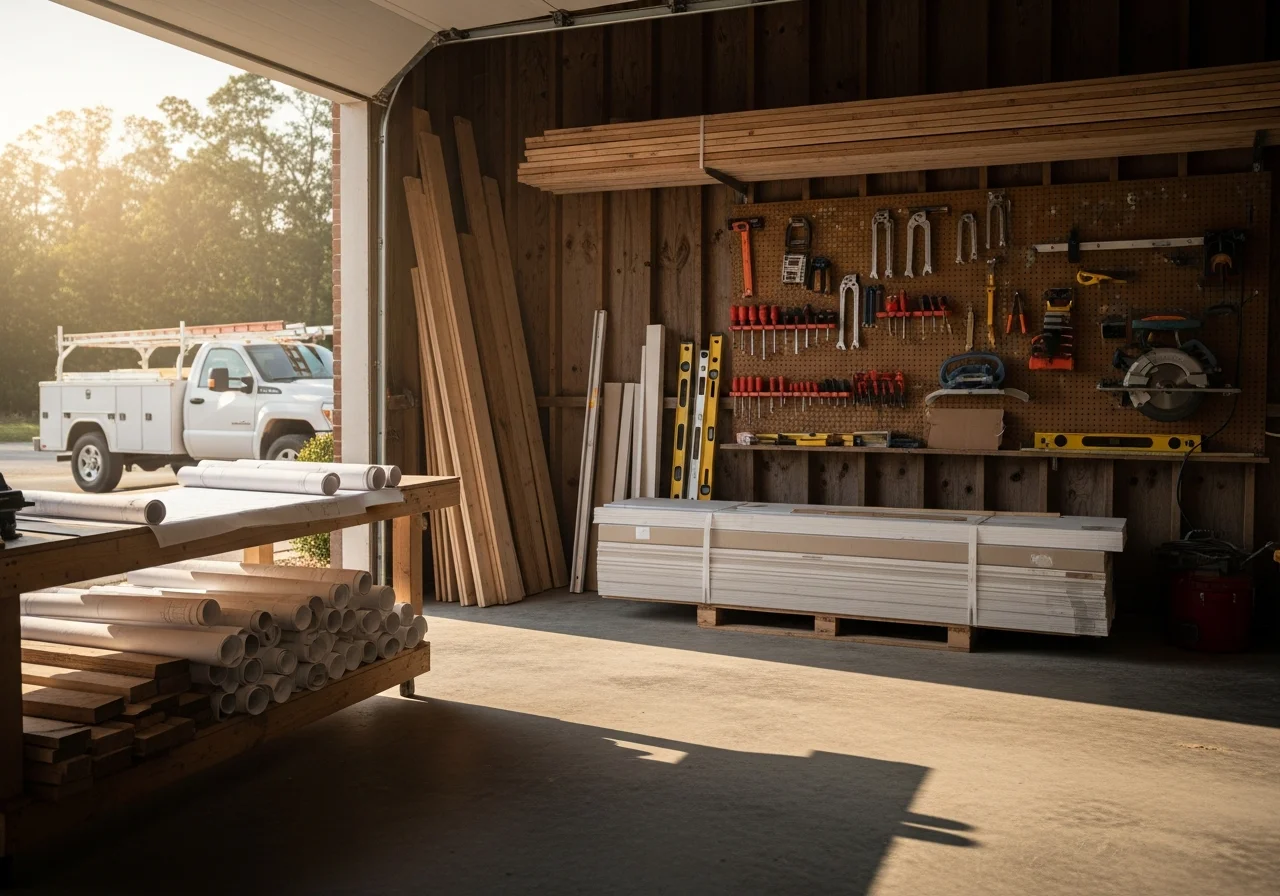 Construction crew and tools ready for residential remodeling work on a home interior.