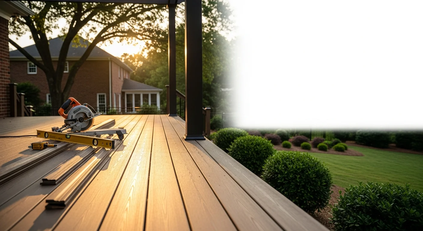 Custom-built residential deck with railings and seating area