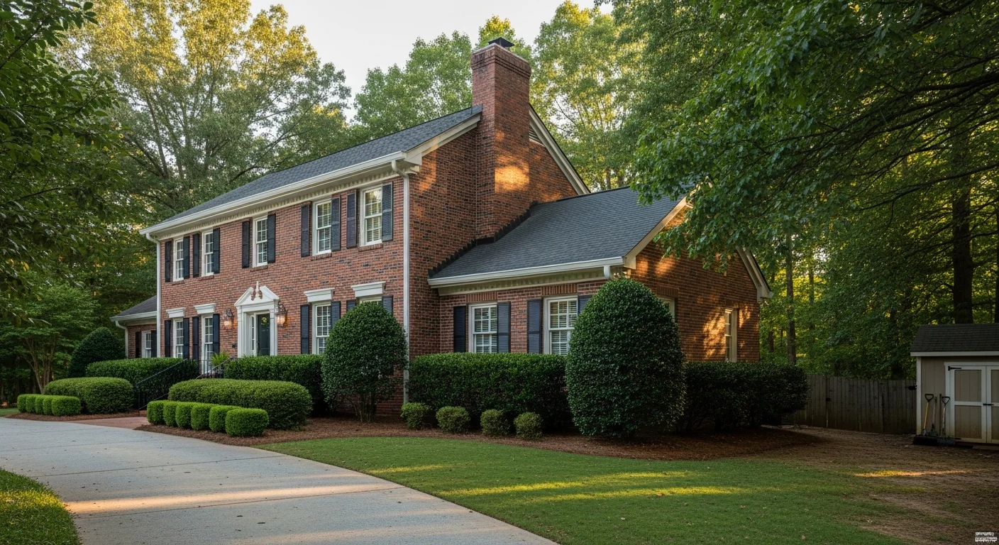 Residential home exterior in Fort Mill area with manicured landscaping and brick facade.