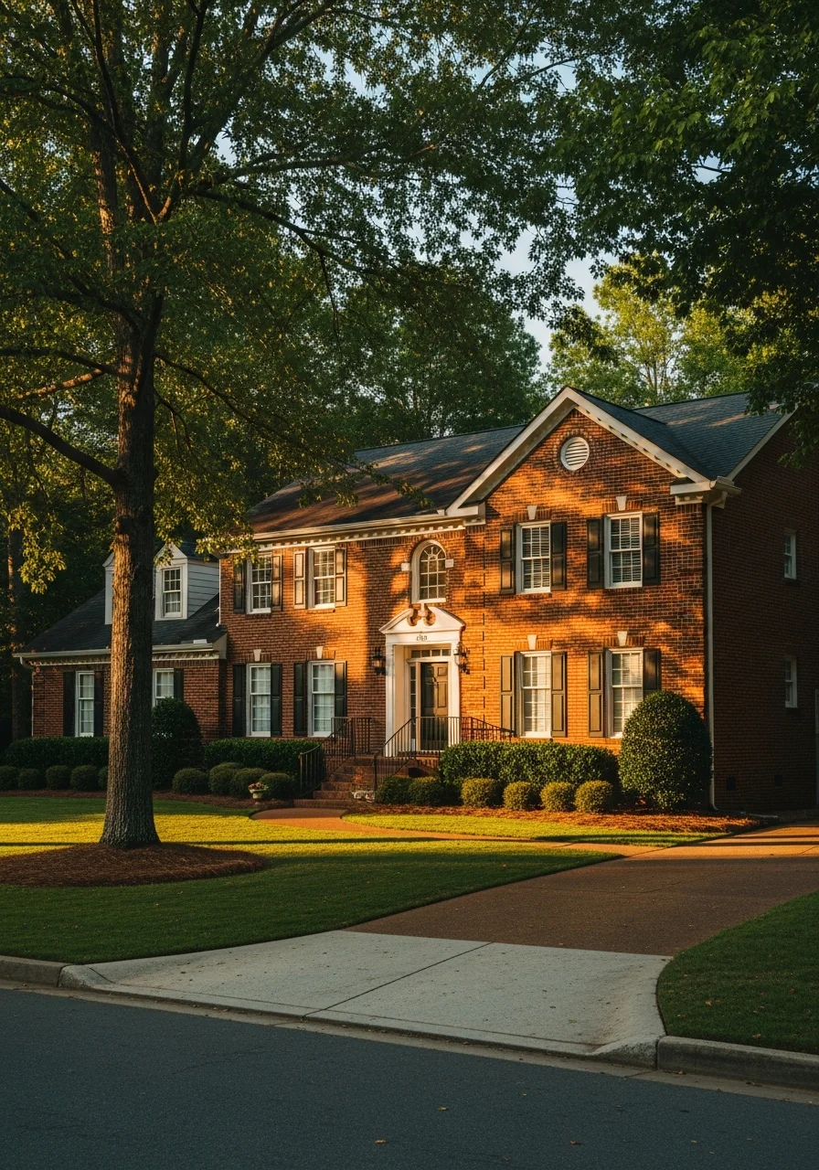 Close-up of a Charlotte home's front entrance with brick facade and landscaped yard.