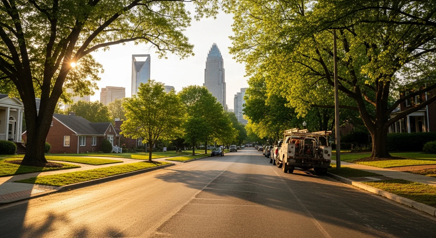 Charlotte skyline with uptown towers visible behind a residential neighborhood street lined with mature trees.