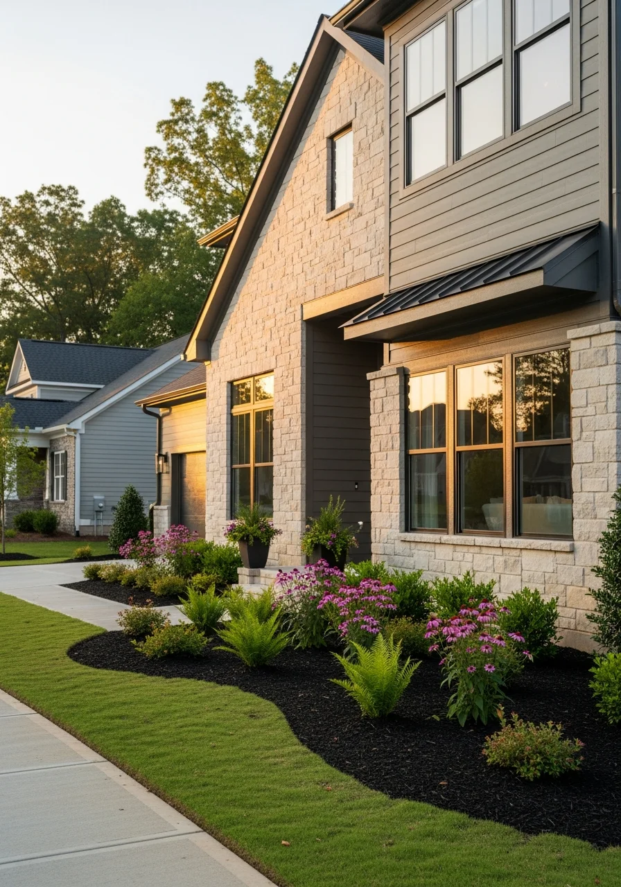 Modern Cornelius home exterior with stone and siding details and manicured landscaping.