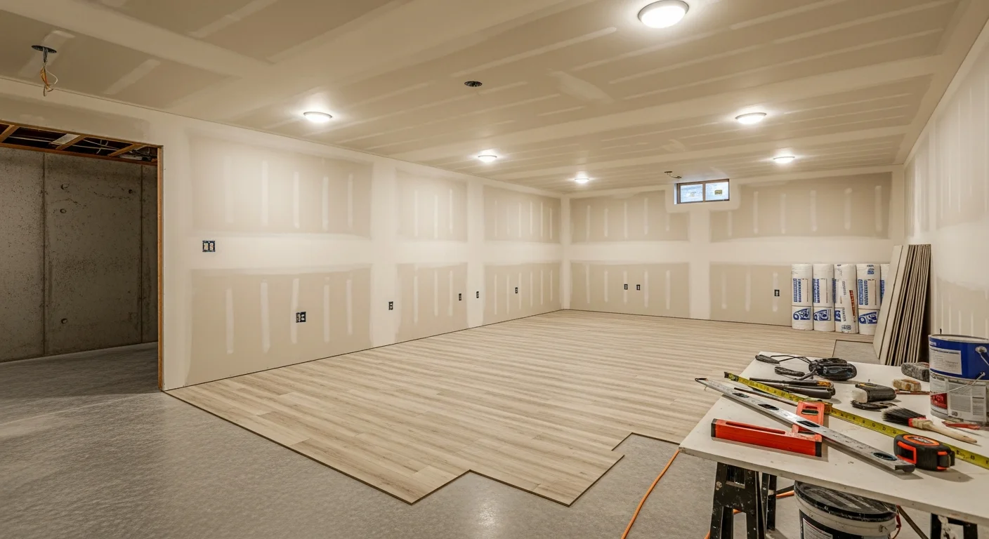 Finished basement in a Fort Mill, SC home featuring framed drywall walls, recessed lighting, and luxury vinyl plank flooring installed by Carolina Complete Concepts, LLC. The space is set up as a clean, open living area with painted trim and a neutral color palette.