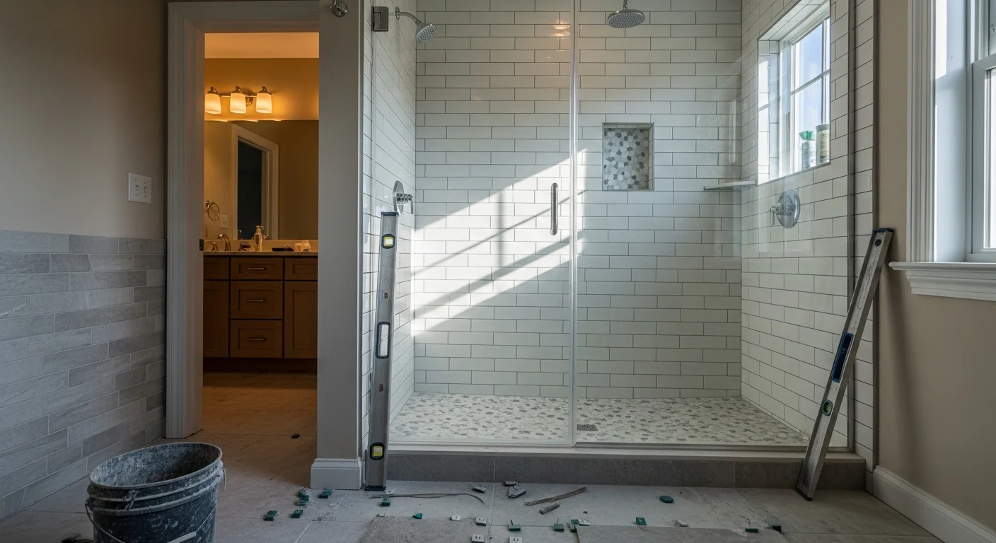 Remodeled master bathroom in a Fort Mill, South Carolina home featuring a walk-in tile shower, updated vanity, and modern fixtures. Finished bathroom remodeling project by Carolina Complete Concepts, LLC serving the 29708 area.
