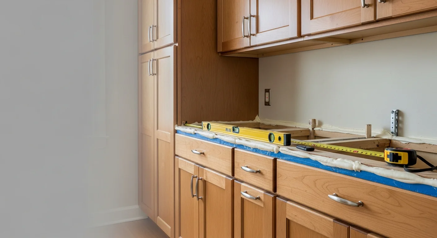 Newly installed white shaker kitchen cabinets with open shelving in a Fort Mill, SC home kitchen remodel. Base and wall cabinets are fitted flush against painted drywall with hardware installed and doors aligned.