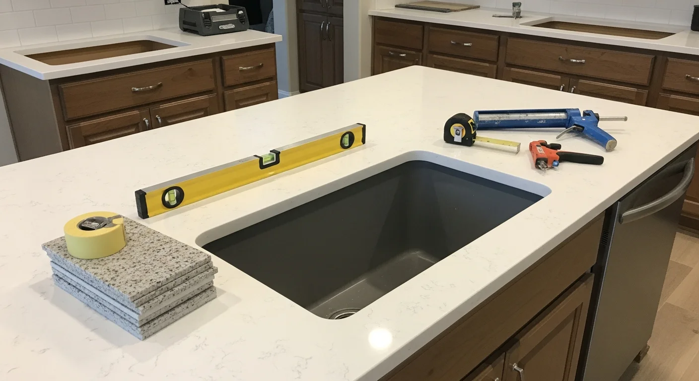 Newly installed kitchen countertops with a clean edge and sink cutout in a Fort Mill, South Carolina home. The surface runs along white shaker cabinets in a bright, open kitchen layout.