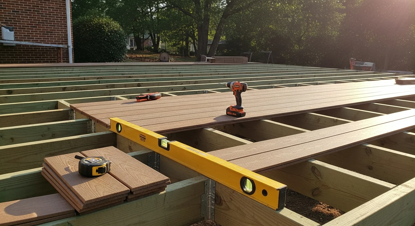 A newly constructed wood deck attached to the back of a single-family home in Fort Mill, SC, with open yard space and a wooded lot line visible in the background. The deck features a railing system and clean framing typical of residential builds in the 29708 area.