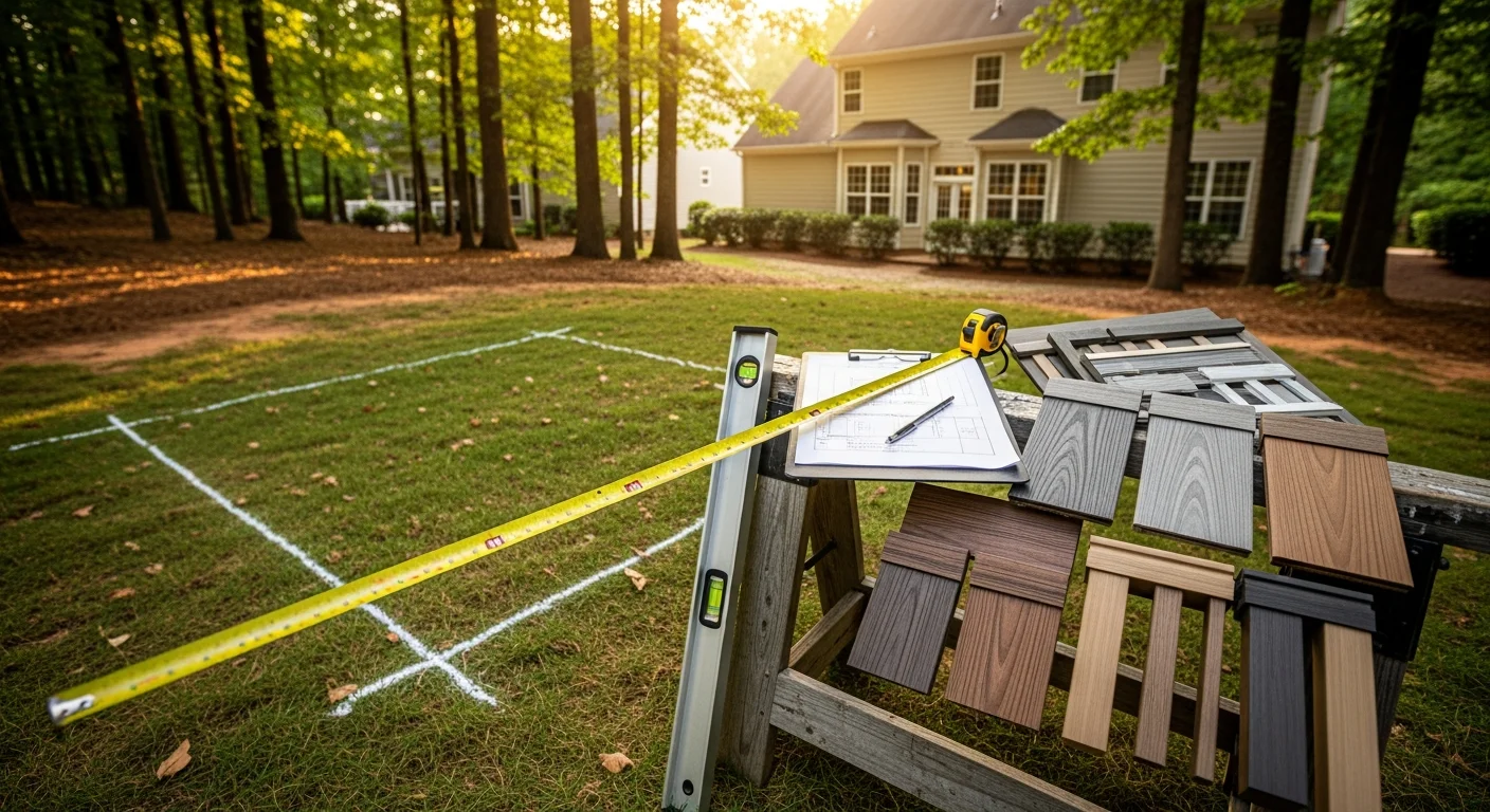 A Carolina Complete Concepts deck design consultation in progress at a Fort Mill, SC home, showing a contractor reviewing layout plans with a homeowner in the backyard. The yard shows a sloped lot typical of the Lake Wylie area with an open space ready for deck construction.