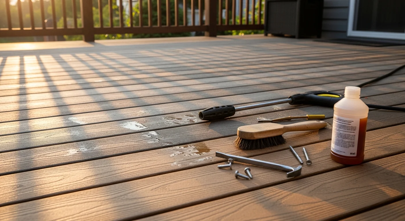 A wood deck on a Fort Mill, SC home after professional maintenance, showing clean boards, secure railings, and no visible surface mildew or weathering. A contractor inspects the deck framing near the ledger board connection.
