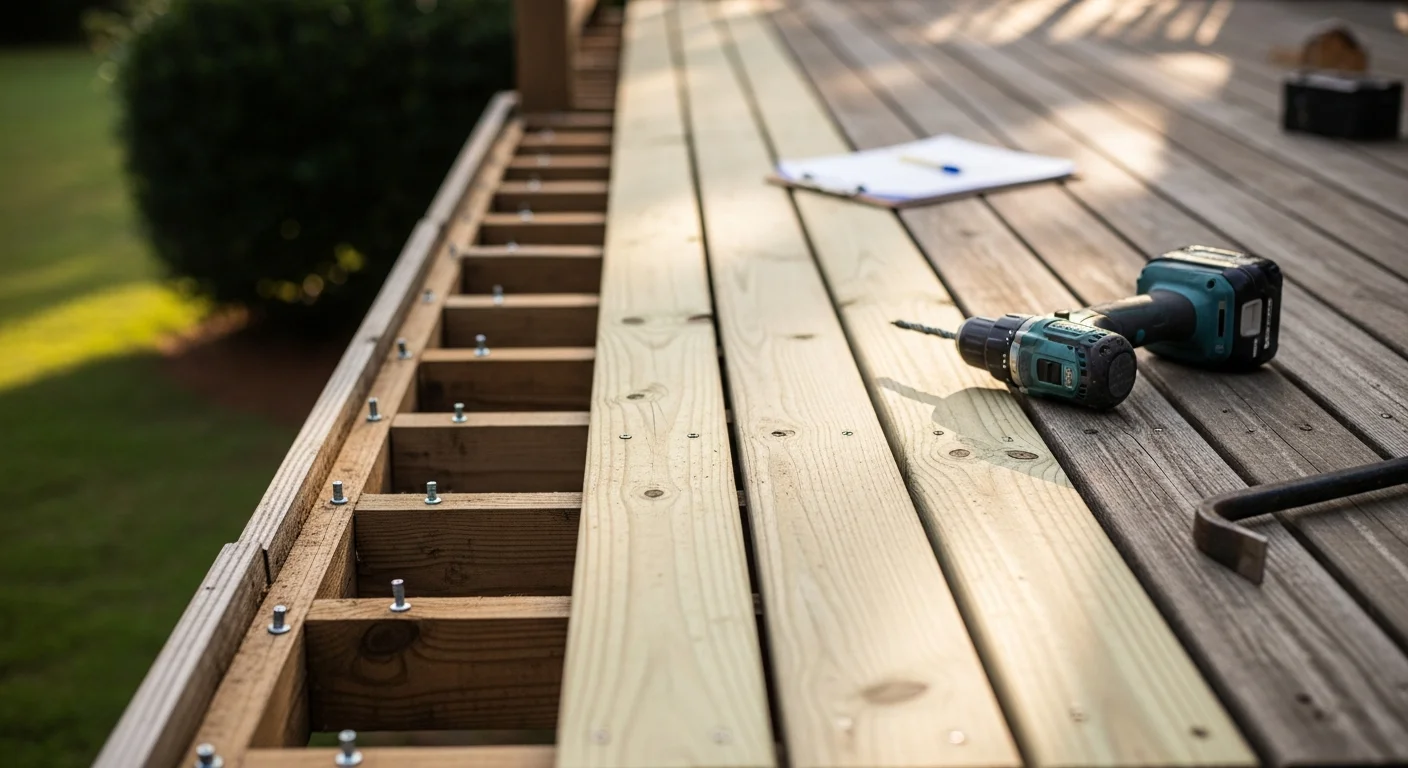 A repaired residential deck with replaced boards and secured railings on a single-family home in Fort Mill, SC. The structure shows clean framing and even decking boards typical of York County outdoor construction.