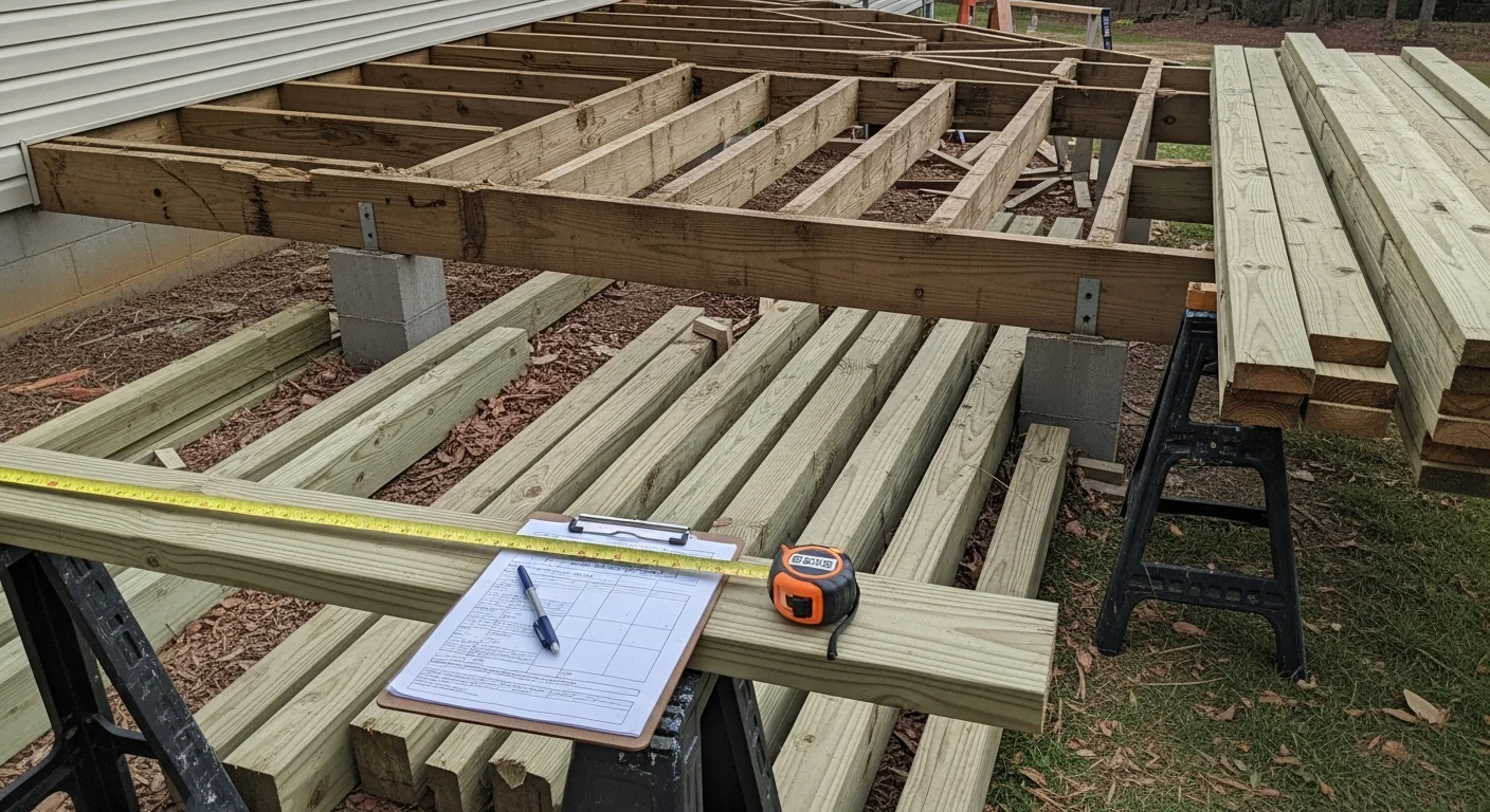 A newly completed deck replacement on a residential home in Charlotte, NC, showing fresh decking boards, clean post bases, and updated railings. The finished structure is attached to the rear of the house with visible ledger framing and open airflow underneath.