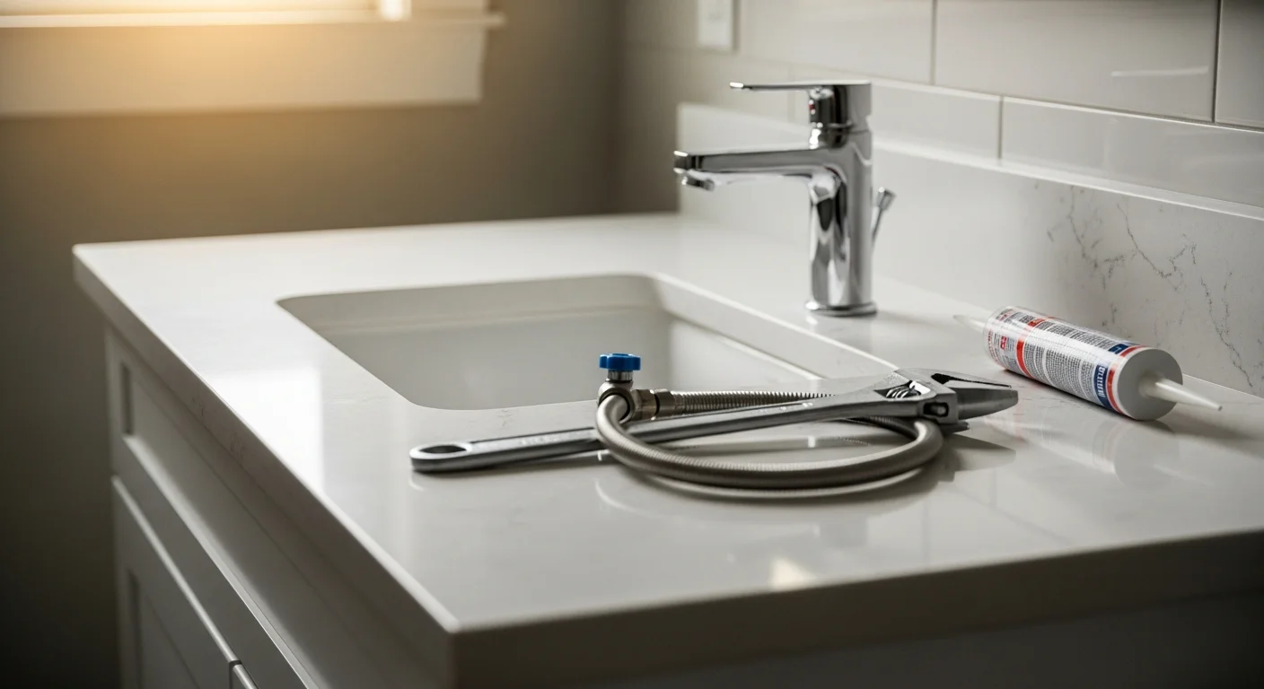 A newly installed bathroom vanity fixture and faucet in a Fort Mill, SC home, showing clean supply line connections and a finished sink basin. The surrounding cabinetry and countertop reflect a completed kitchen and bath remodeling project in the 29708 area.