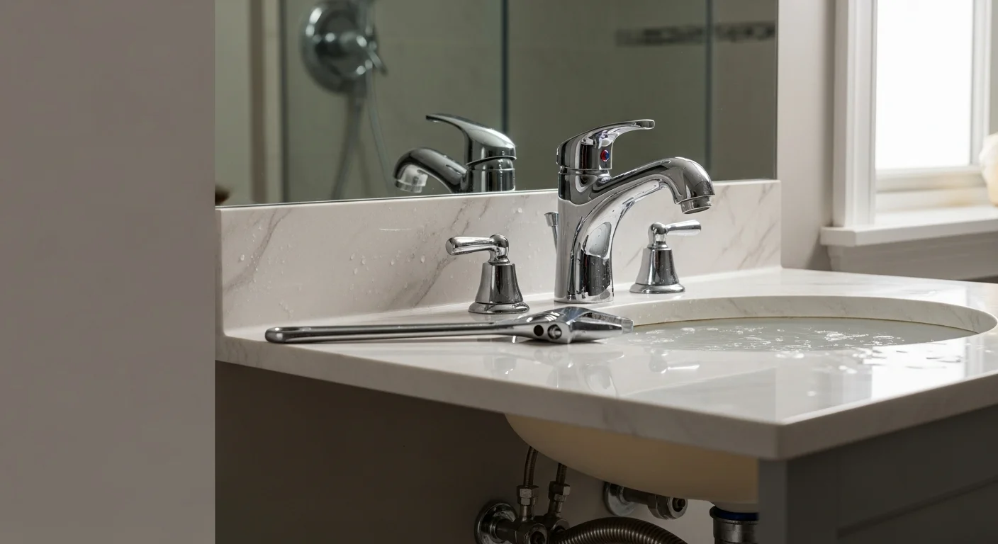 A Charlotte, NC bathroom vanity with a newly installed faucet and matching hardware, showing clean supply line connections and an updated chrome finish. The surrounding tile and countertop remain intact, reflecting a fixture-only replacement scope.
