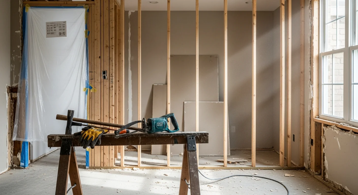Interior demolition in progress inside a Fort Mill, SC home, showing exposed wall framing and removed drywall in a residential renovation space. A cleared room with debris staged for removal and adjacent walls left undamaged.