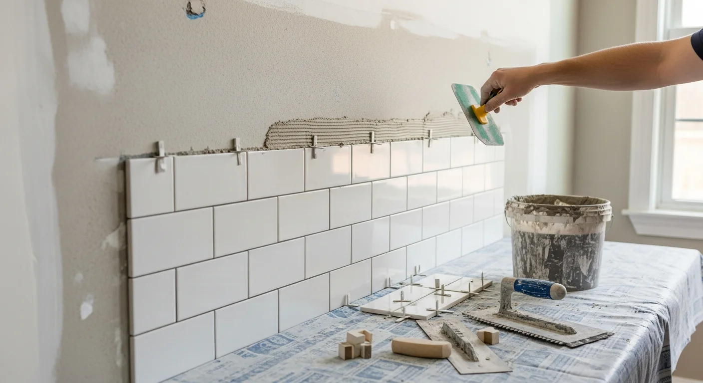 Freshly installed kitchen tile backsplash above a countertop in a Charlotte, NC home, showing clean grout lines and a finished edge where the tile meets the cabinet. The wall surface is smooth and evenly set, consistent with a professional installation by Carolina Complete Concepts, LLC.