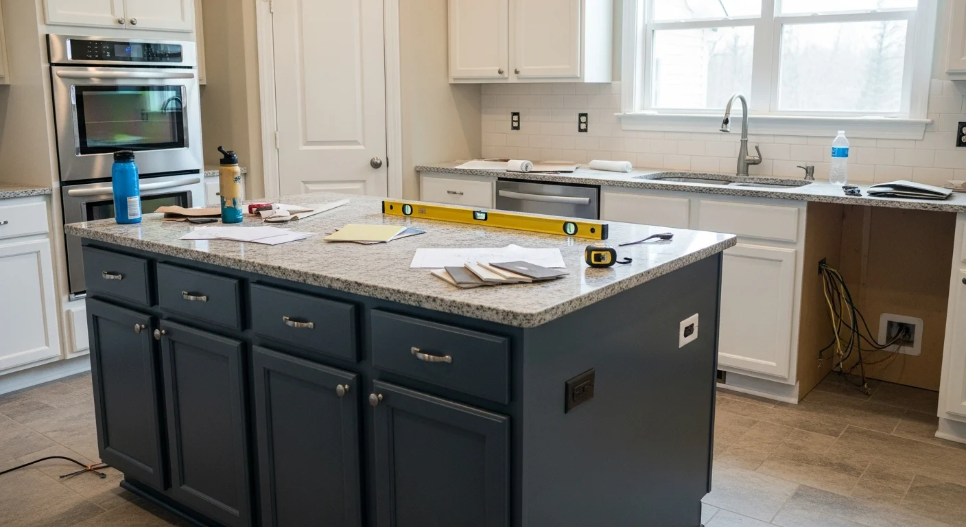 A newly installed custom kitchen island with built-in cabinetry and a stone countertop in a Charlotte, NC home. The open floor plan layout shows clear walkway clearance on all sides of the island.