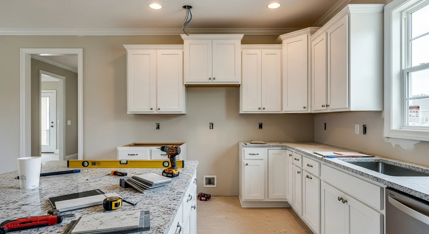 Newly remodeled kitchen in a Fort Mill, SC home featuring updated cabinetry, fresh countertops, and reconfigured layout. The space shows an open floor plan with modern lighting typical of remodeled homes in the 29708 area.