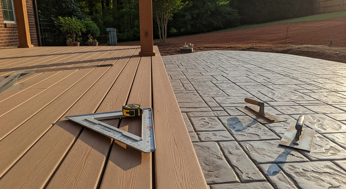 A custom multi-zone outdoor living space behind a Charlotte, NC home, showing a covered deck with ceiling fan, an adjacent open patio, and a built-in seating area with a fire feature. The layout connects directly to the home's rear entry and steps down to a landscaped yard.