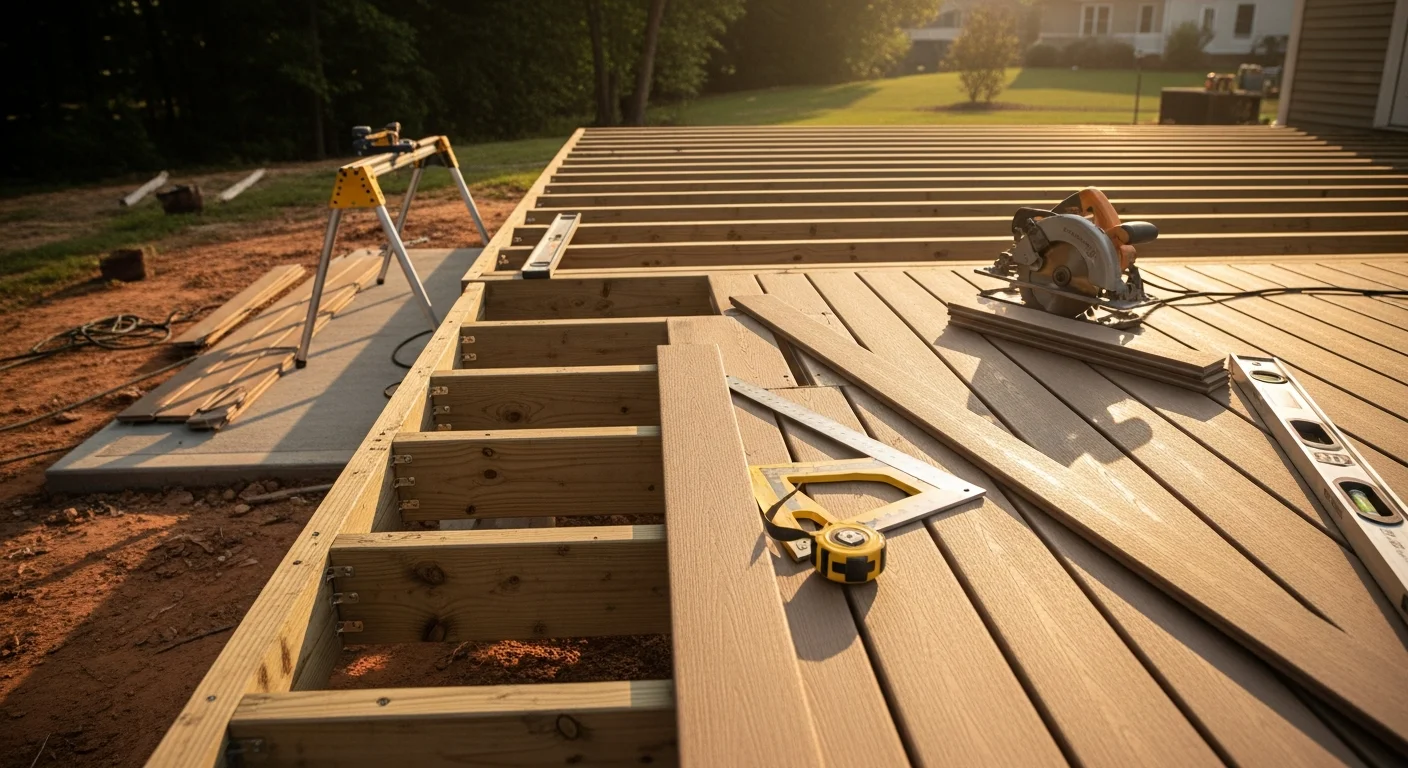 A newly constructed wood and composite deck with a pergola attached to the back of a single-family home in Fort Mill, SC. The structure includes built-in seating and extends into a landscaped backyard typical of York County residential properties.