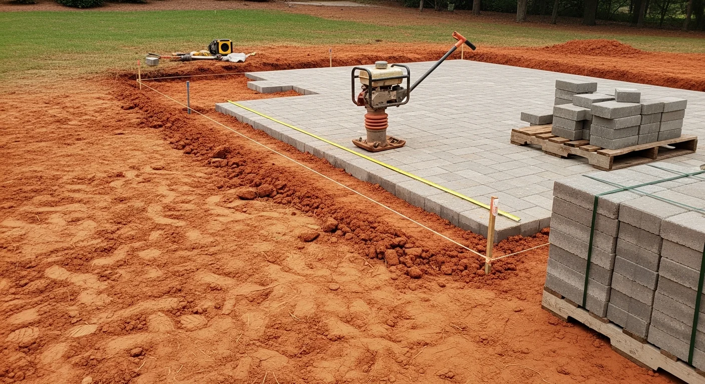 A finished custom patio in a Charlotte, NC backyard, showing a level paver surface with defined dining and seating areas adjacent to the home's rear entry. The surrounding yard reflects the wooded residential landscape common to Charlotte neighborhoods.
