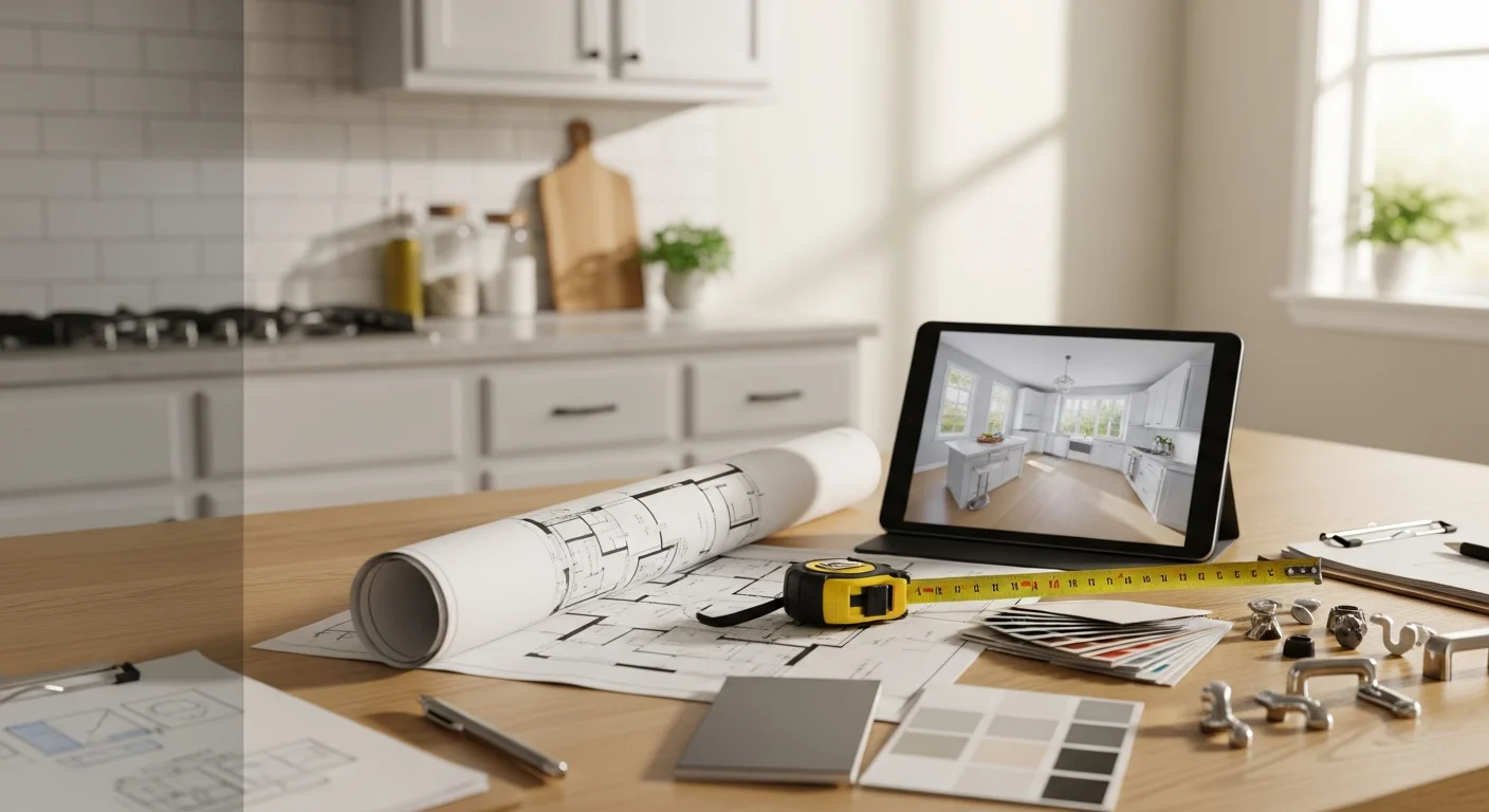 A general contractor meeting with a Fort Mill homeowner inside a residential living space to review remodeling plans. The consultation shows a walk-through discussion of an open-plan interior typical of post-2000 homes in the 29708 area.