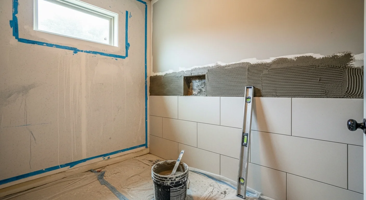 Newly installed tile shower with sealed grout lines in a Charlotte, NC bathroom remodel by Carolina Complete Concepts, LLC. The shower walls and floor show clean, level tile work with consistent grout spacing throughout.