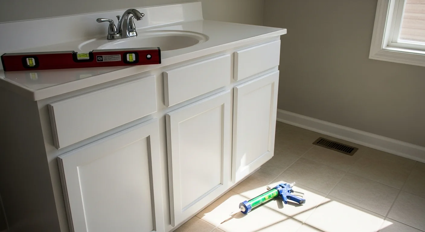 A newly installed bathroom vanity with a clean countertop and under-sink cabinet in a Charlotte, NC home. The vanity is level and fully sealed, showing the finished result of a professional installation by Carolina Complete Concepts, LLC.