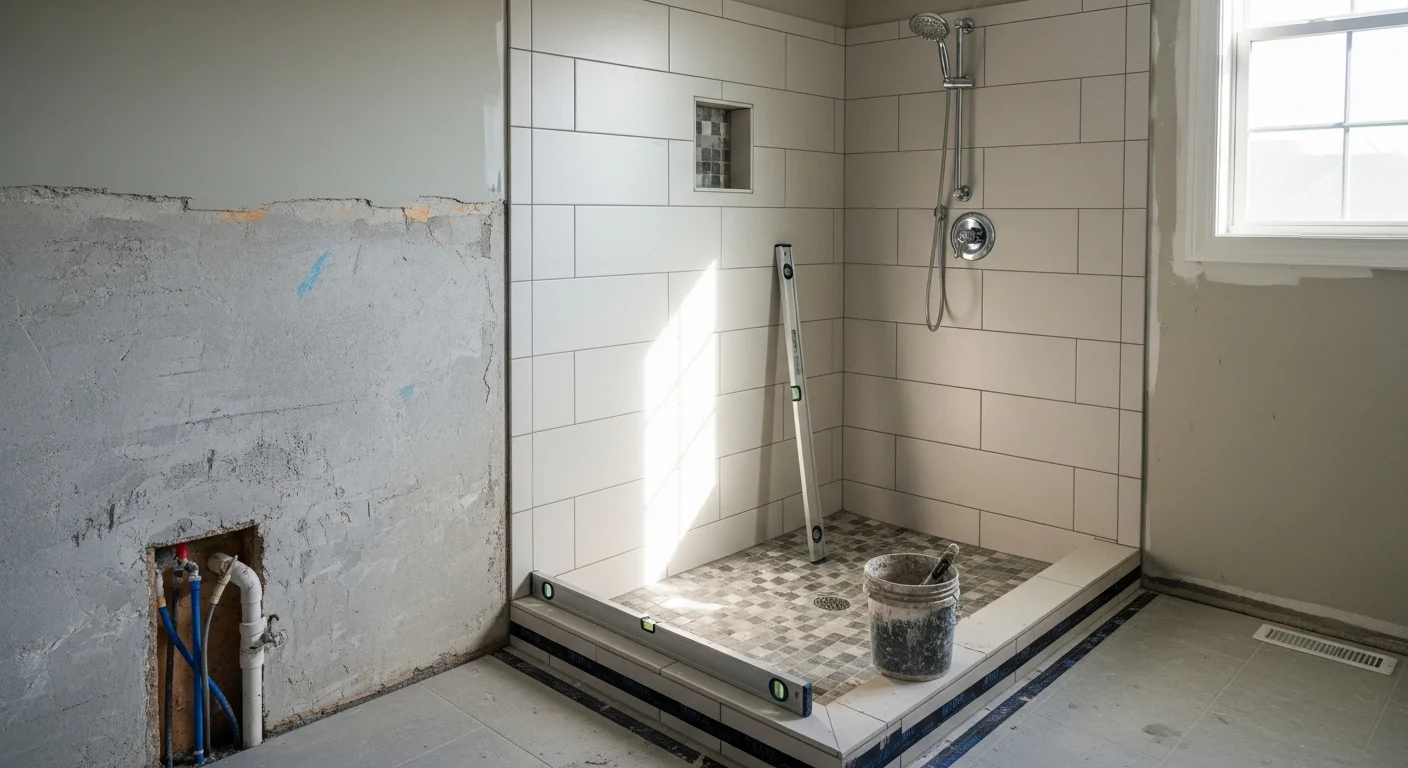 A finished walk-in shower installed by Carolina Complete Concepts in a Charlotte, NC home, showing a tiled shower enclosure with a low-threshold entry and wall-mounted fixtures. The bathroom reflects a clean, modern layout typical of updated Charlotte area homes.